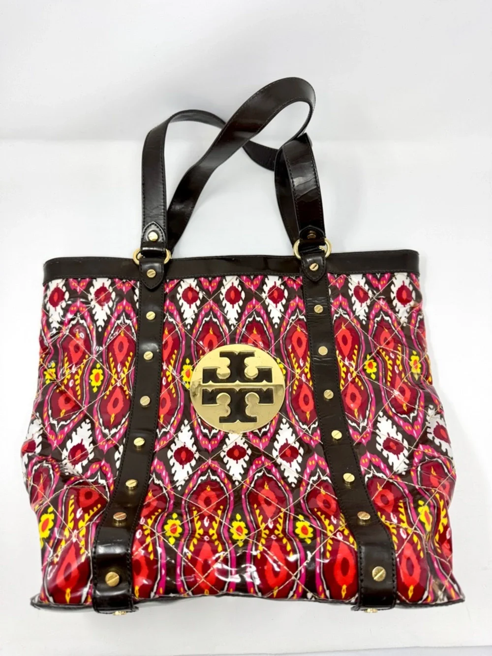Tory Burch Betty Quilted Patent Leather Tote Ikat Print Designer Handbag
